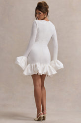 Cream Long-Sleeve Mini Dress With Satin Trims